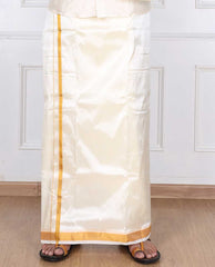 Men's Art Silk Dhoti with Gold Zari Border | Traditional Double Layer Vesti Mundu | 8 Mulam Pattu Dhoti with Angavastram | South Indian Ethnic Wear for Weddings & Festivals