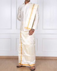 Men's Art Silk Dhoti with Gold Zari Border | Traditional Double Layer Vesti Mundu | 8 Mulam Pattu Dhoti with Angavastram | South Indian Ethnic Wear for Weddings & Festivals