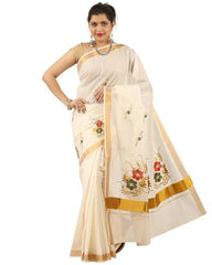 Stylesindia Cotton Kerala Kasavu Saree with Zari Embroidery & Blouse | Traditional Kuthampully Saree for Onam, Diwali, Pongal