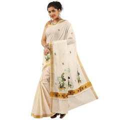 Stylesindia Cotton Kerala Kasavu Saree with Zari Embroidery & Blouse | Traditional Kuthampully Saree for Onam, Diwali, Pongal
