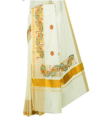 Stylesindia Cotton Kerala Kasavu Saree with Zari Embroidery & Blouse | Traditional Kuthampully Saree for Onam, Diwali, Pongal