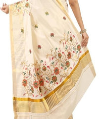 Stylesindia Cotton Kerala Kasavu Saree with Zari Embroidery & Blouse | Traditional Kuthampully Saree for Onam, Diwali, Pongal