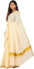 Stylesindia Cotton Kerala Kasavu Saree with Zari Border & Blouse | Traditional Kuthampully Saree for Onam, Diwali, Pongal