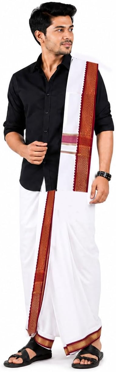 Men's Cotton 9x5 Panjakajam Dhoti with Angavastram Set | Traditional White Veshti with Double Color Gold Zari Border | South Indian Wedding, Temple & Festival Wear