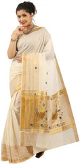 Stylesindia Cotton Kerala Kasavu Saree with Zari Embroidery & Blouse | Traditional Kuthampully Saree for Onam, Diwali, Pongal
