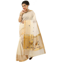 Stylesindia Cotton Kerala Kasavu Saree with Zari Embroidery & Blouse | Traditional Kuthampully Saree for Onam, Diwali, Pongal