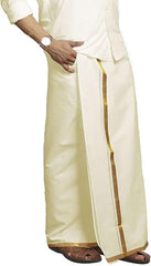 StylesIndia Cotton Dhoti for Men with Gold Zari Border | White Adjustable Dhoti with Pocket | Traditional Vesti Mundu for Festivals & Ceremonies