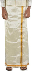 Men's Art Silk Dhoti with Gold Zari Border | Traditional Double Layer Vesti Mundu | 8 Mulam Pattu Dhoti with Angavastram | South Indian Ethnic Wear for Weddings & Festivals