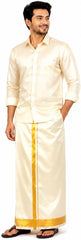 Asha Silk Wedding Dhoti for Men with Golden Zari Border | Ready to Wear Adjustable Stick-On Velcro Dhoti | Cream Traditional South Indian Groom Veshti for Wedding, Temple & Festivals