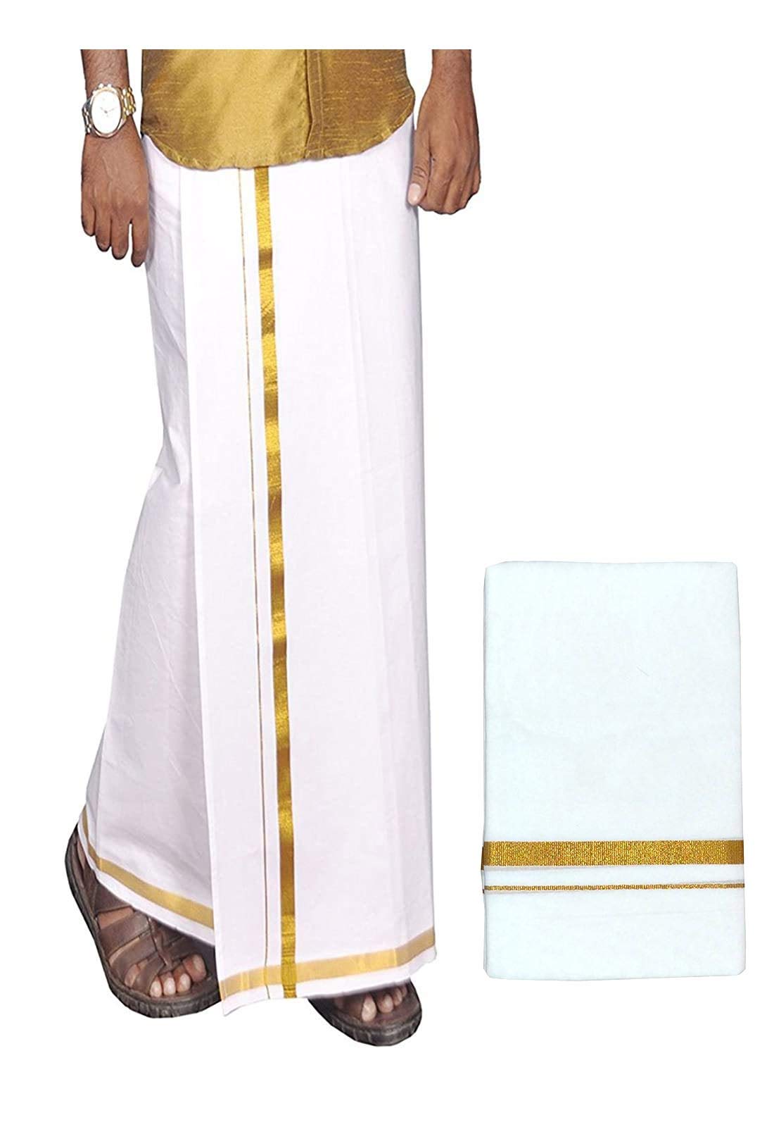 Cotton Double Layer White Dhoti 3.6 Meters Length Lungi Sarong with Colored Border Dhoties