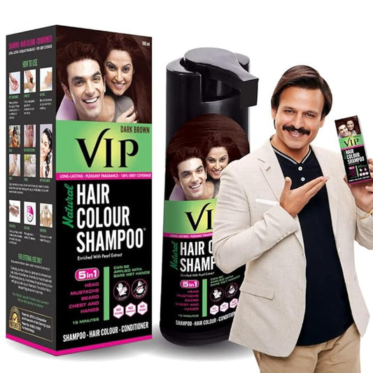 VIP Hair Colour Shampoo for Men and Women, 180ml, Dark Brown | No Ammonia | Long Lasting Hair Color | 100% Grey Coverage | Easy As Shampoo