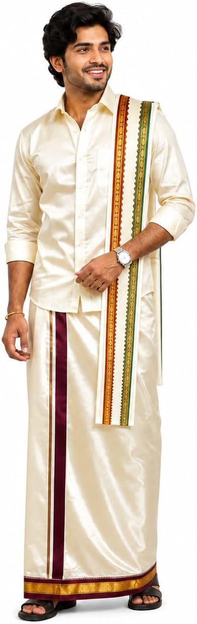Men’s Cream Art Silk Thalapathy Style Marukarai Dhoti (3.6 Mtr) with Matching Angavastram (1.2 Mtr) Set | Traditional Zari Border Wedding & Festive Mundu Veshti