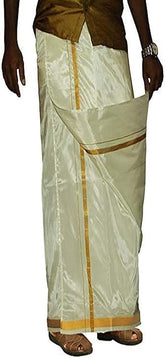Men's Art Silk Dhoti with Gold Zari Border | Traditional Double Layer Vesti Mundu | 8 Mulam Pattu Dhoti with Angavastram | South Indian Ethnic Wear for Weddings & Festivals