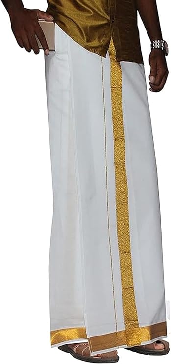 StylesIndia Cotton Saree Border Dhoti with Pocket | Kerala Kasavu Vesti Mundu | Traditional Kattikko Ottikko Men's Dhoti