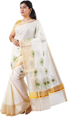 Stylesindia Cotton Kerala Kasavu Saree with Zari Embroidery & Blouse | Traditional Kuthampully Saree for Onam, Diwali, Pongal