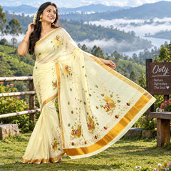 Kerala Kasavu Cotton Saree for Women with Gold Zari Border & Peacock Embroidery | Traditional Onam Wedding Saree