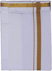StylesIndia Cotton Dhoti for Men with Gold Zari Border | White Adjustable Dhoti with Pocket | Traditional Vesti Mundu for Festivals & Ceremonies
