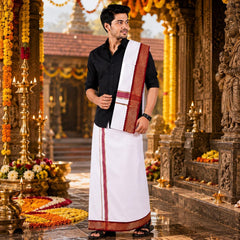 Men's Cotton 9x5 Panjakajam Dhoti with Angavastram Set | Traditional White Veshti with Double Color Gold Zari Border | South Indian Wedding, Temple & Festival Wear