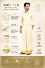Asha Silk Wedding Dhoti for Men with Golden Zari Border | Ready to Wear Adjustable Stick-On Velcro Dhoti | Cream Traditional South Indian Groom Veshti for Wedding, Temple & Festivals