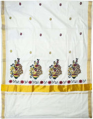 Stylesindia Cotton Kerala Kasavu Saree with Zari Embroidery & Blouse | Traditional Kuthampully Saree for Onam, Diwali, Pongal