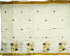 Stylesindia Cotton Kerala Kasavu Saree with Zari Embroidery & Blouse | Traditional Kuthampully Saree for Onam, Diwali, Pongal