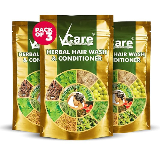 Vcare Herbal Hair Wash and Conditioner Shikakai Powder For Skin and Hair with Hibiscus, Marudhani, Karisalanganni, Fenugreek, Lemon, Amla, Keelanelli, Admadhimadhuram 100g (Pack of 3)