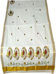 Stylesindia Cotton Kerala Kasavu Saree with Zari Embroidery & Blouse | Traditional Kuthampully Saree for Onam, Diwali, Pongal