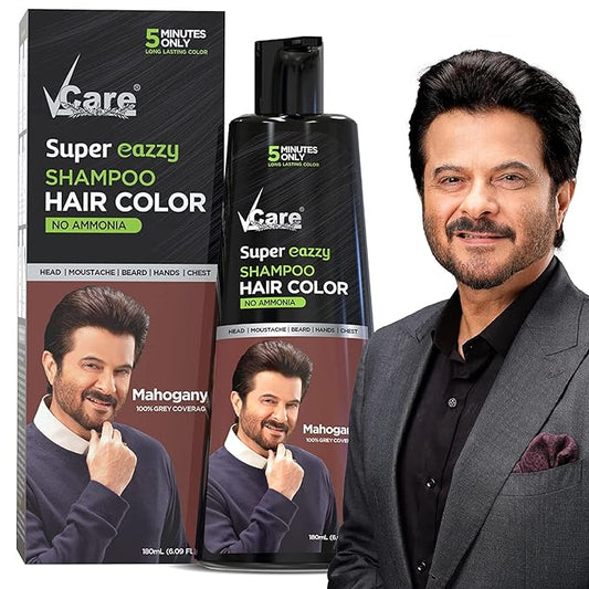 VCare Super Eazzy Hair Colour Shampoo for Women and Men 180ml | Only 5 Minute Root Hair Dye Coloring Kit Head, Moustache, Beard, Hands, Chest | No Parabens, Ammonia And Sulfates (Mahogani)