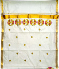 Stylesindia Cotton Kerala Kasavu Saree with Zari Embroidery & Blouse | Traditional Kuthampully Saree for Onam, Diwali, Pongal