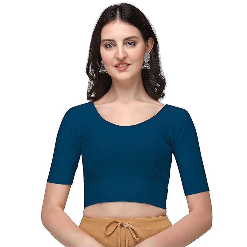 Stylesindia Women's Cotton Lycra Stretchable Crop Top | Half Sleeve Dry Fit Gym Shirt | Athletic Workout Tee | Yoga, Running, Fitness Sports Top | Versatile Sari Blouse