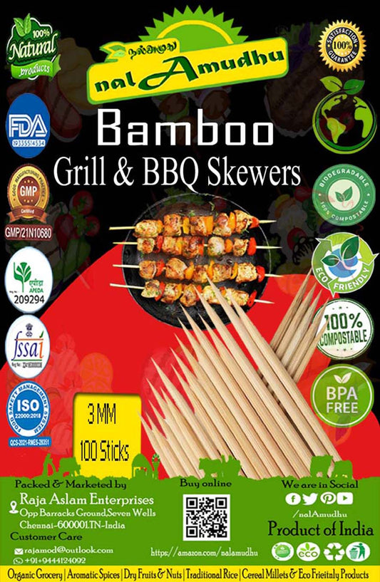 nalAmudhu Bamboo Skewers Sticks | Barbeque Stick for, Microwave Oven and Pan | BBQ Skewer Kabab Stick | Barbeque Grill Wooden Stick | Barbeque Bamboo Sticks Pack of 100