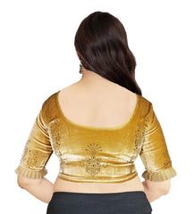 StylesIndia Women's Velvet Designer Blouse with Golden Stone Work | Deep U-Back Party Wear Blouse | Festive & Bridal Saree Blouse DNO:551