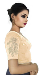 StylesIndia Women's Stretchable Velvet Blouse with Stone Work Embellishments | Deep U-Back Designer Saree Blouse | Festive & Party Wear DNO:555
