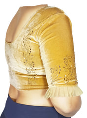 StylesIndia Women's Velvet Designer Blouse with Golden Stone Work | Deep U-Back Party Wear Blouse | Festive & Bridal Saree Blouse DNO:551