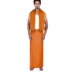 Men's Cotton Blend Dhoti with Bentex Border & Angavastram | Traditional Single Layer South Indian Vesti Mundu Set | Ethnic Wear for Weddings, Poojas & Festivals