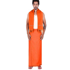 Men's Cotton Blend Dhoti with Bentex Border & Angavastram | Traditional Single Layer South Indian Vesti Mundu Set | Ethnic Wear for Weddings, Poojas & Festivals