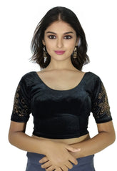 StylesIndia Women's Stretchable Velvet Blouse with Stone Work Embellishments | Deep U-Back Designer Saree Blouse | Festive & Party Wear DNO:555