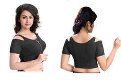 Stylesindia Women's Cool Shoulder Designer Blouse | Cotton Lycra Stretchable Zipper Crop Top | Ethnic & Party Wear DNo:113