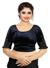 StylesIndia Women's Velvet Designer Blouse with Golden Stone Work | Deep U-Back Party Wear Blouse | Festive & Bridal Saree Blouse DNO:551