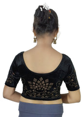StylesIndia Women's Stretchable Velvet Blouse with Stone Work Embellishments | Deep U-Back Designer Saree Blouse | Festive & Party Wear DNO:555
