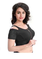Stylesindia Women's Cool Shoulder Designer Blouse | Cotton Lycra Stretchable Zipper Crop Top | Ethnic & Party Wear DNo:113