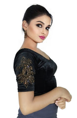 StylesIndia Women's Stretchable Velvet Blouse with Stone Work Embellishments | Deep U-Back Designer Saree Blouse | Festive & Party Wear DNO:555