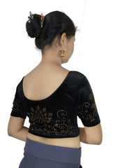 StylesIndia Women's Stretchable Velvet Blouse with Stone Work Embellishments | Deep U-Back Designer Saree Blouse | Festive & Party Wear DNO:555