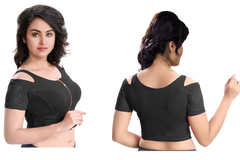 Stylesindia Women's Cool Shoulder Designer Blouse | Cotton Lycra Stretchable Zipper Crop Top | Ethnic & Party Wear DNo:113