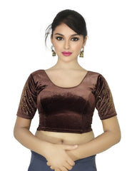 StylesIndia Women's Stretchable Velvet Blouse with Stone Work Embellishments | Deep U-Back Designer Saree Blouse | Festive & Party Wear DNO:555