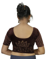StylesIndia Women's Stretchable Velvet Blouse with Stone Work Embellishments | Deep U-Back Designer Saree Blouse | Festive & Party Wear DNO:555