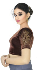 StylesIndia Women's Stretchable Velvet Blouse with Stone Work Embellishments | Deep U-Back Designer Saree Blouse | Festive & Party Wear DNO:555