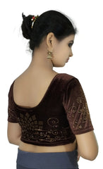 StylesIndia Women's Stretchable Velvet Blouse with Stone Work Embellishments | Deep U-Back Designer Saree Blouse | Festive & Party Wear DNO:555