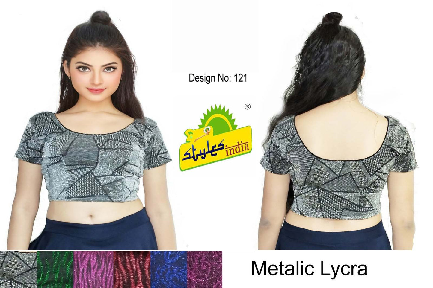 StylesIndia Women's Designer Metalic Lycra Blouse | Stretchable Short Sleeve Crop Top | Elegant Party & Ethnic Wear DNO:121