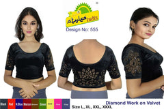 StylesIndia Women's Stretchable Velvet Blouse with Stone Work Embellishments | Deep U-Back Designer Saree Blouse | Festive & Party Wear DNO:555